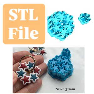 May include: Image features blue star-shaped cookie cutters and a star-shaped earring. The earring has red, white, and blue stars around a gold hoop. The text "STL File" is displayed on a peach-colored background. The size of the cookie cutter is 31mm.