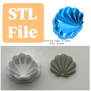 Può includere: Immagine con un modello 3D blu di una conchiglia, un taglierino di plastica bianco a forma di conchiglia e un oggetto grigio a forma di conchiglia. Il testo "STL File" è visualizzato su sfondo arancione. Bordo di taglio 0,4 mm, dimensioni 20 mm.