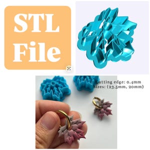 Könnte beinhalten: Ein leuchtend blauer Ausstechform in Ahornblattform mit einer 0,4 mm Schneidkante und Größen von 23,5 mm und 20 mm. Das Bild enthält eine digitale STL-Datei-Grafik und fertige Ohrringe in Blattform mit rosa-weißem Farbverlauf an Goldringen.
