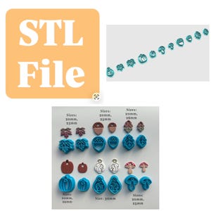 Peut inclure: Une collection d'emporte-pièces en plastique bleu aux formes automnales variées, incluant des feuilles, des glands, des citrouilles, des écureuils et des champignons. L'image contient le texte STL File et indique des tailles de 20mm à 30mm.