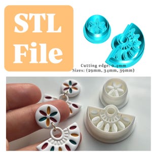 May include: The image displays polymer clay earring cutters and finished earrings. The cutters are blue and white, with a cutting edge of 0.4mm and sizes of 2.9cm, 3.4cm, and 3.9cm. The earrings are white with colourful accents. The text "STL File" is also present.