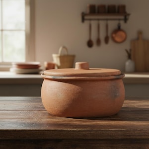 May include: A round, terracotta-colored cooking pot with a matching lid. The pot sits on a wooden surface, with a kitchen background featuring a window, shelves, and utensils. The pot has a handle on the lid.