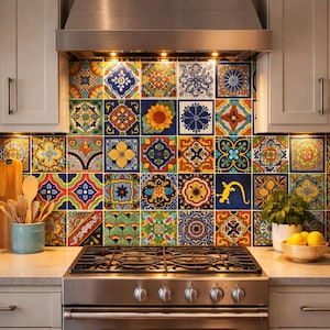 May include: A kitchen backsplash featuring a vibrant array of decorative tiles. The tiles showcase intricate patterns in a variety of colors, including blue, yellow, red, and green. The design includes floral and geometric motifs, creating a colorful and artistic focal point.