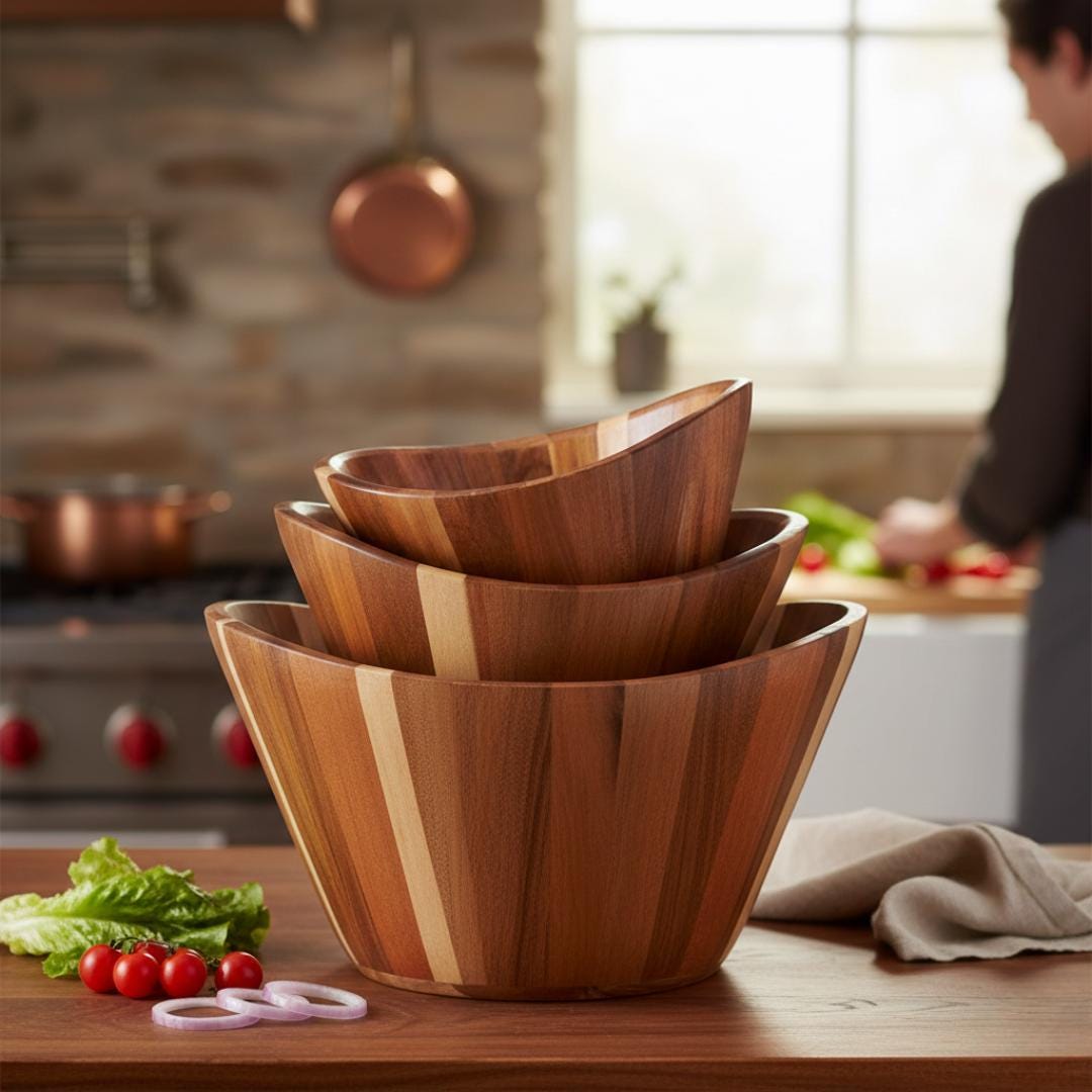 Hand-Carved Acacia Wood Salad Bowl Set – Wavy Nesting Serving Bowls