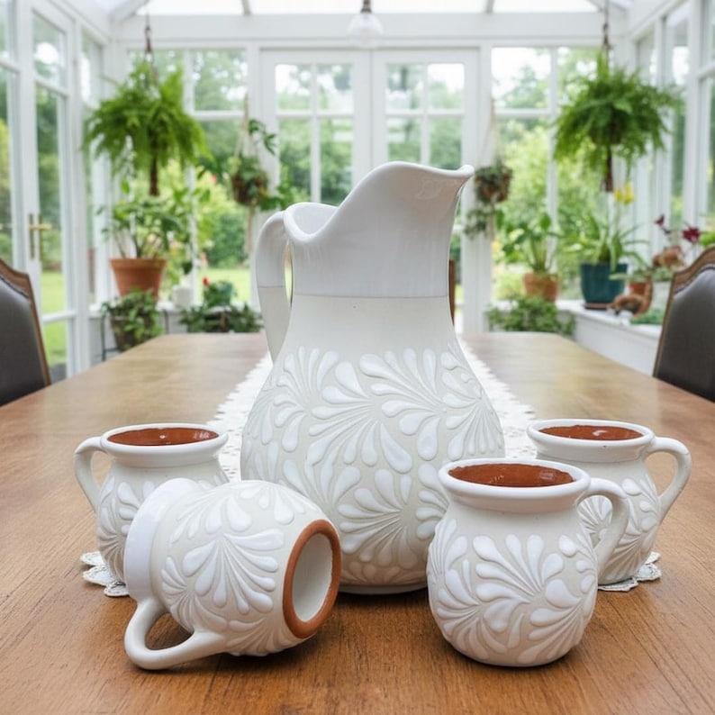 Handmade Mexican Pitcher and Mug Set with 4 Cups