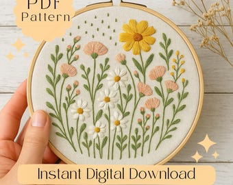 Broderimönster med vildblommor, handsömnad med blommönster (PDF-mönster)
