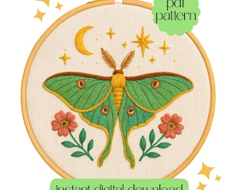 Vintage Luna Moth Embroidery Pattern, Floral Celestial Design (PDF Pattern)