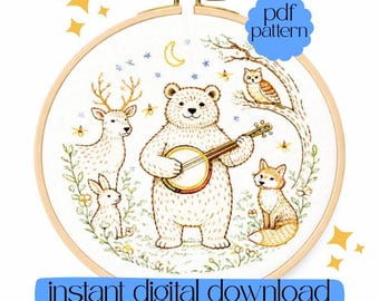 Woodland Animal Embroidery, Printable Hoop Art, Digital Download, Hand Embroidery Pattern PDF