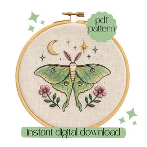 Vintage Luna Moth Embroidery Pattern, Floral Celestial Design (PDF Pattern)