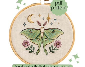 Vintage Luna Moth Embroidery Pattern, Floral Celestial Design (PDF Pattern)