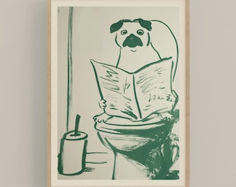 May include: A framed print featuring a green and white illustration of a pug dog sitting on a toilet and reading a newspaper. The artwork has a minimalist style with a light beige background and a wooden frame.