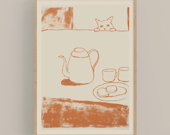 May include: A framed art print featuring a minimalist illustration in shades of orange and cream. The artwork depicts a teapot, cups, and a plate with food, with a cat peeking from above. The style is simple and charming.