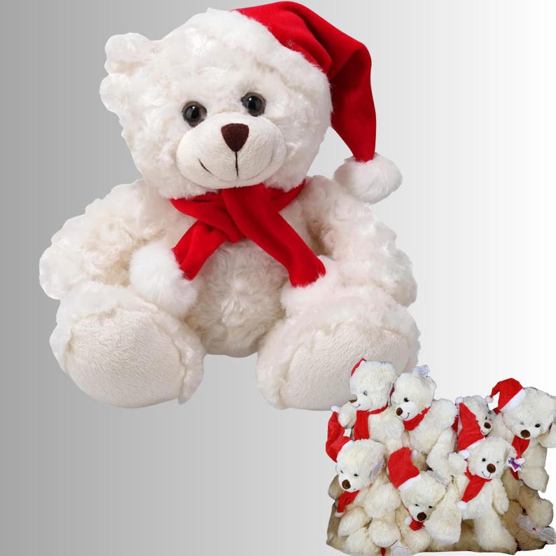 White Christmas Teddy Bear – Plush Santa Hat and Scarf - Etsy