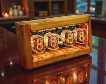 Reloj Nixie IN-12 con alimentación USB / Reloj de escritorio Steampunk retro de madera, regalo para hombres