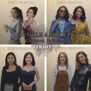 May include: A promotional image featuring four pairs of women. The text reads "BUNDLE 4 MODELS" with the words "Elegance. Influence." and "ENJOY." The women are wearing various outfits, including a gray hoodie, a dress, and a black dress.