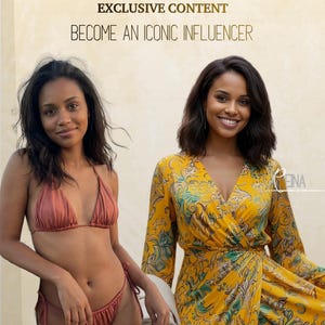 Könnte beinhalten: Das Bild zeigt zwei Frauen. Eine trägt einen rostfarbenen Bikini. Die andere trägt ein gelbes Wickelkleid mit einem grün-blauen Blumenmuster. Der Text oben lautet "PREMIUM COLLECTION", "EXCLUSIVE CONTENT" und "BECOME AN ICONIC INFLUENCER".