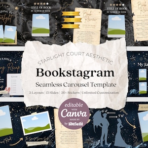 Może przedstawiać: Estetyczny szablon Bookstagram z motywem niebiańskim. Projekt zawiera układy recenzji książek, szablony podsumowań czytania i bezproblemowy projekt karuzeli. Szablon można edytować za pomocą Canva.