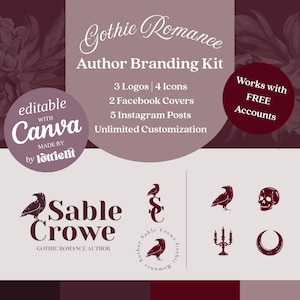 Puede incluir: Kit de branding para autores con temática de romance gótico. Incluye logos, iconos, portadas de Facebook y publicaciones de Instagram. Editable con Canva, presenta una paleta oscura con ilustraciones florales y de cuervos.