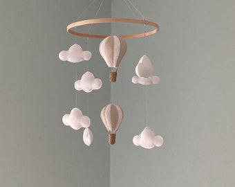Hot Air Balloon Baby Mobile: Pastel Beige Felt Clouds Nursery Decor