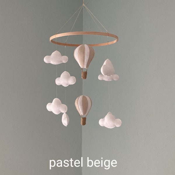 Cintre Mobile pour chambre d'enfant, beige naturel, montgolfières, nuages blancs, garçon, fille, décoration suspendue, nouveau cadeau de shower de bébé, sexe neutre