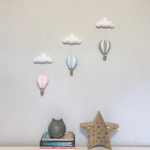 Hot Air Balloon Mobile Hanger Baby Shower Gift Nursery Wall Decoration Banner Gender Neutral Blue Pink Yellow Grey