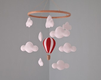 Hot Air Balloon Nursery Mobile with Clouds New Baby Shower Gift Red Blue Yellow