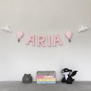 Personalised Name Banner Hot Air Balloon & Clouds Garland Pink Blue Grey Mint Baby Shower Gift Nursery Bunting