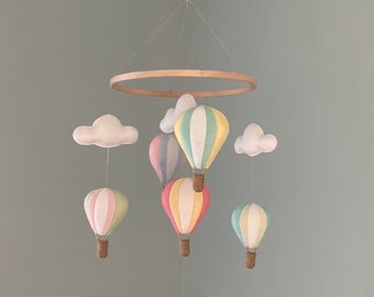 Multicoloured Pastels Nursery Mobile Hot Air Balloons White Clouds Boy Girl Hanging Decoration New Baby Shower Personalised Gift Pink Green