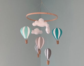 Unisex Nursery Mobile Hanger Teal Mint Grey Hot Air Balloons White Clouds Boy Girl Hanging Decoration New Baby Shower Gift Gender Neutral