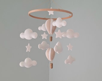 Nursery Mobile Colourful Hot Air Balloons White Cloud Stars Hanging Decoration New Baby Shower Gift Pink Green Natural  Beige Gender Neutral