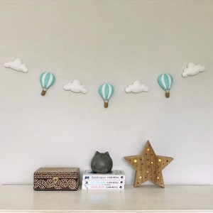 Hot Air Balloon Cloud Garland New Baby Shower Nursery Decoration Banner Pastel Mint Pink Grey Blue Birthday Personalised Gift Gender Neutral