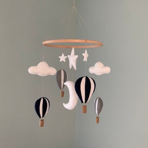 Nursery Mobile Hanger Grey Navy Hot Air Balloons Clouds Moon Stars Clouds Boy Girl Ceiling Hanging Decoration New Baby Shower Gift