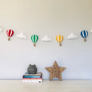 Hot Air Balloon Garland Baby Shower Nursery Decoration Cloud Banner Bright multicoloured Blue Green Red Pink Personalised Gift