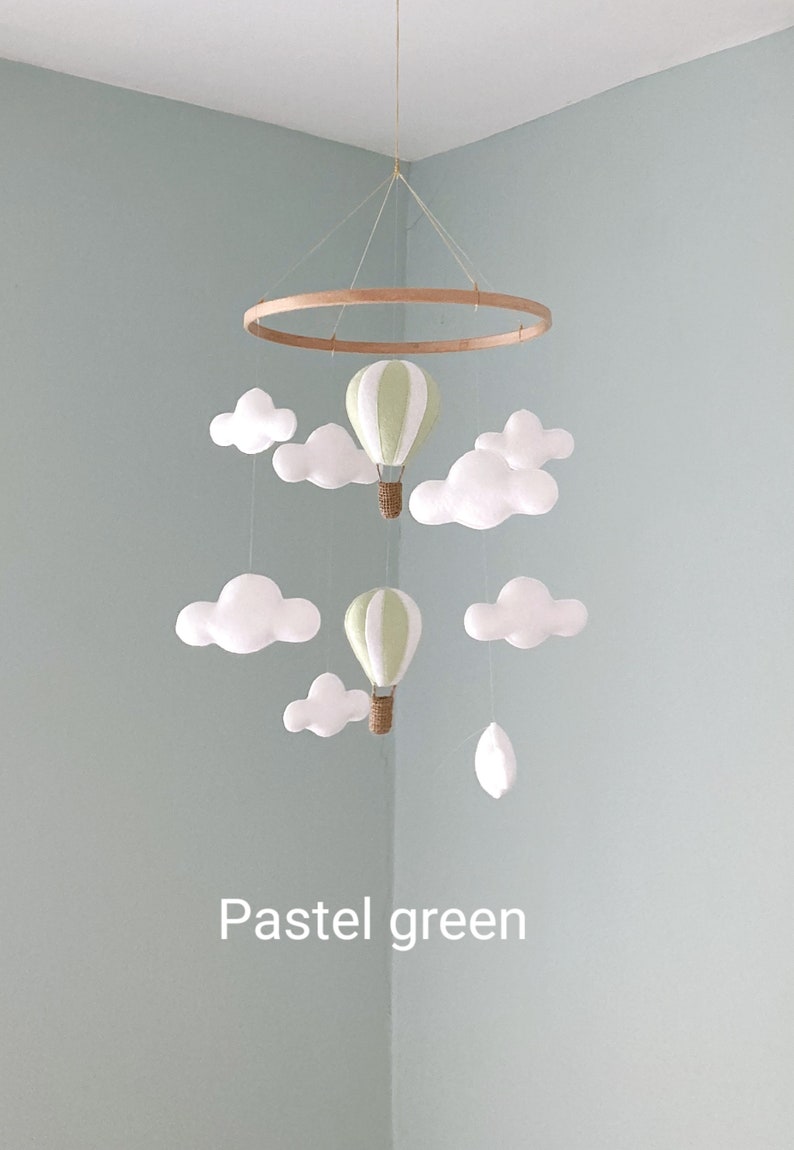 Unisex Nursery Mobile Hanger Pastel Green Hot Air Balloons White Clouds Boy Girl Hanging Decoration New Baby Shower Gift Gender Neutral image 1