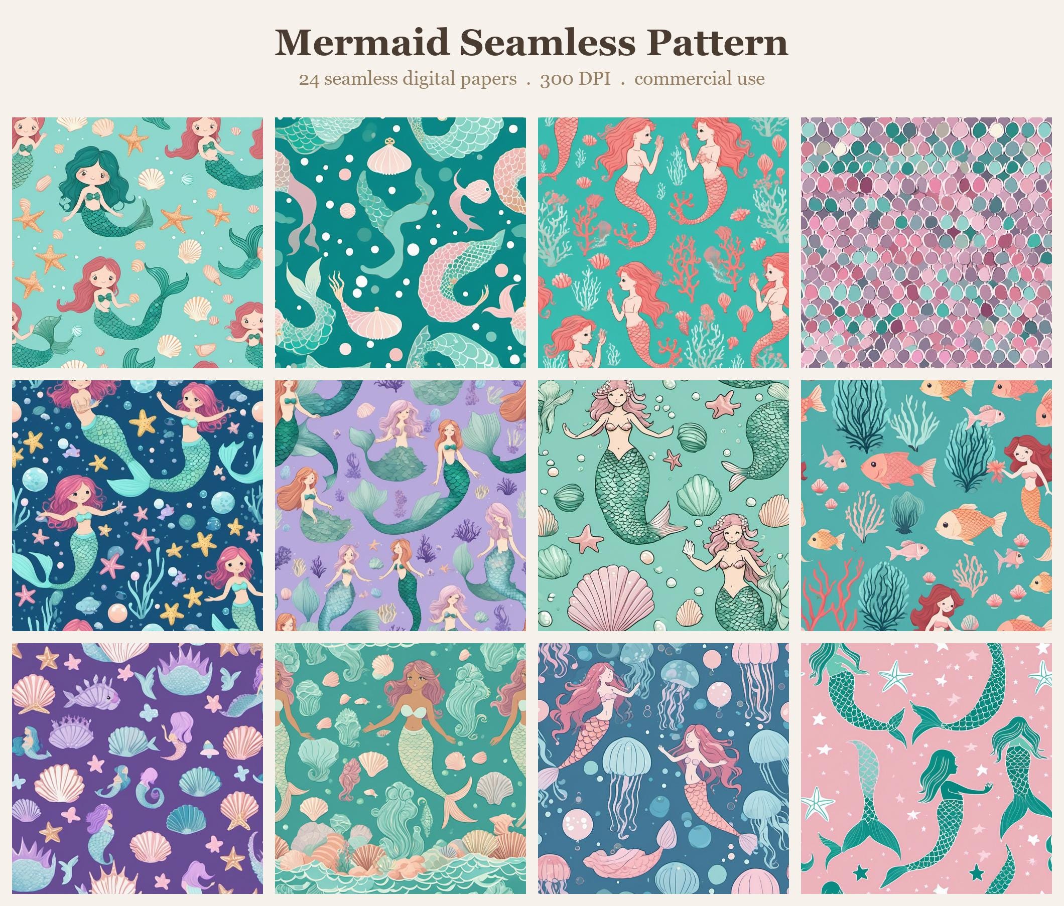 Mermaid Seamless Pattern Bundle, Seamless Digital Paper, Sublimation Tumbler Wrap PNG,  Designs Commercial Use