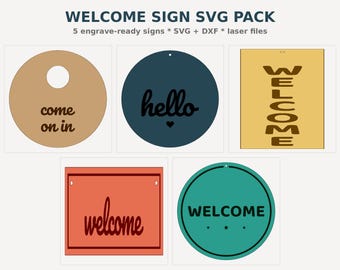 Welcome Sign SVG Laser Cut Files, 5 Designs DXF, Round Porch Door Hanger, Glowforge Ready, Instant Download