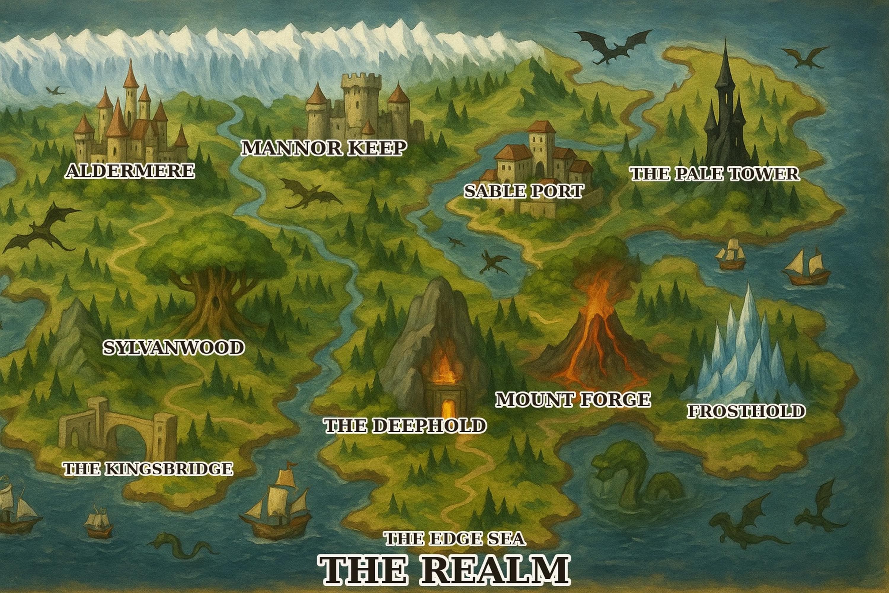 Illustrated Fantasy Map Wall Art Printable Landscape, DnD Campaign Map Poster, Fantasy World Map Castles Dragons, Dungeon Master Gift