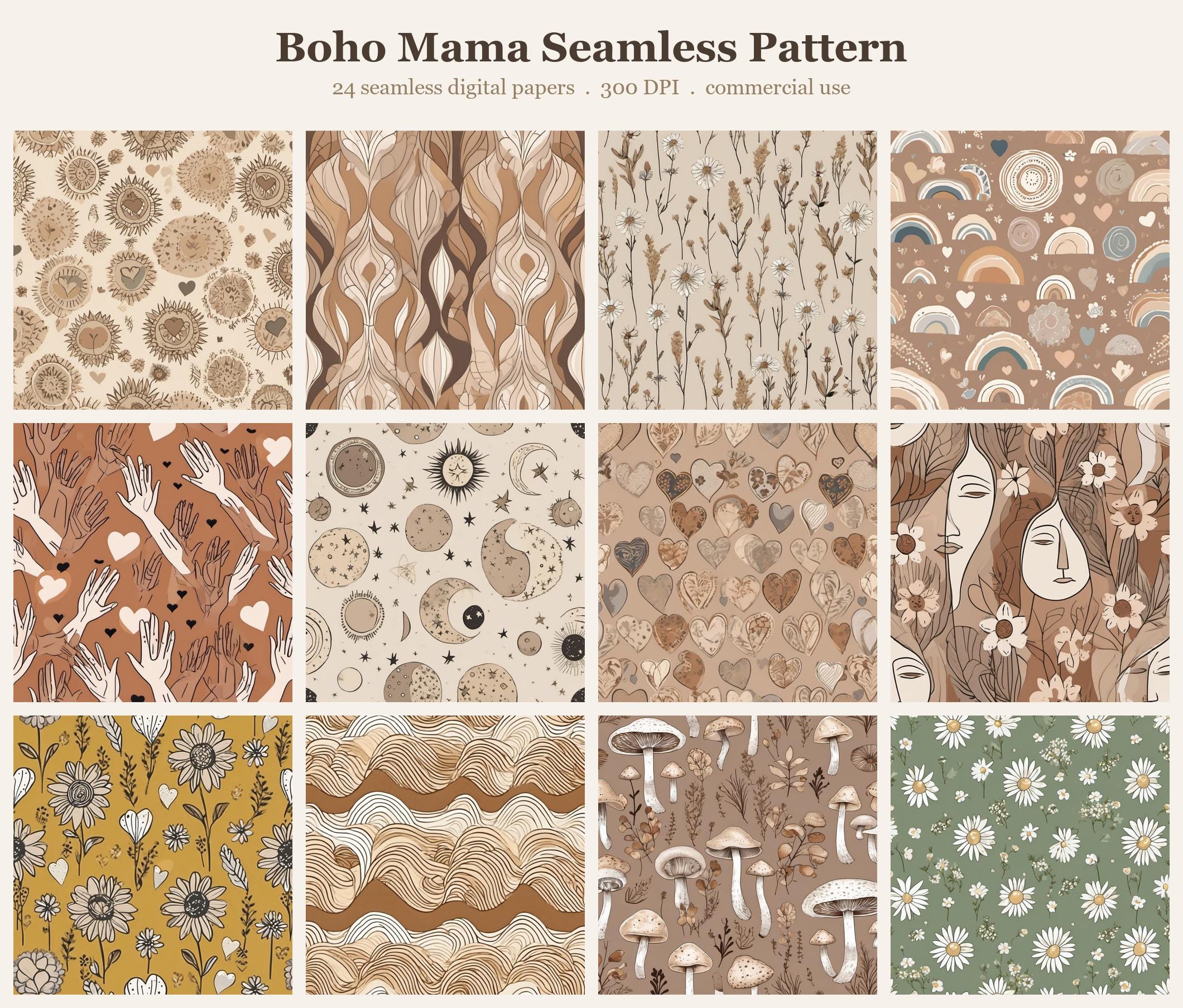 Boho Mama Seamless Pattern Bundle, Seamless Digital Paper, Sublimation Tumbler Wrap PNG,  Designs Commercial Use