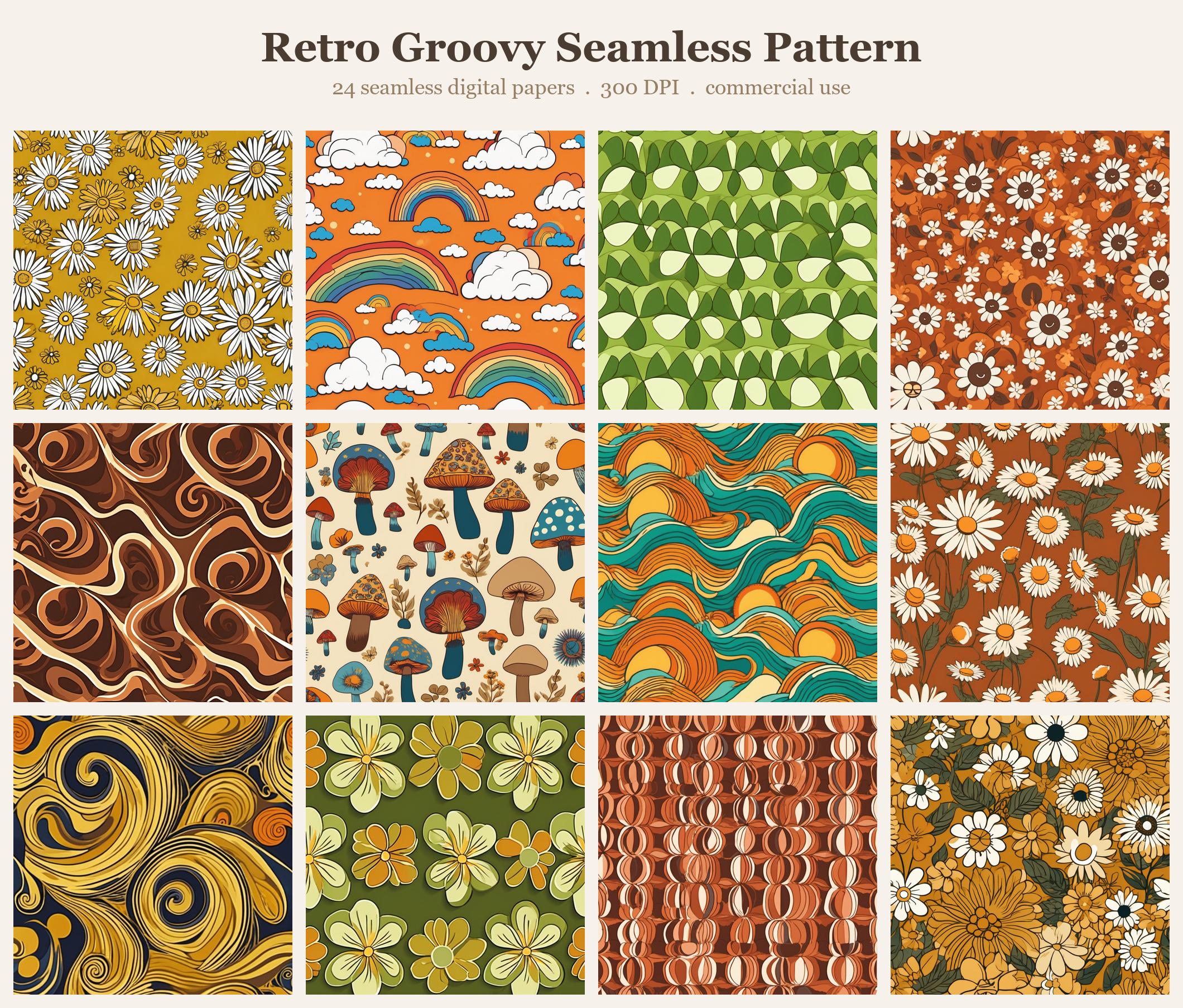 Retro Groovy Seamless Pattern Bundle, Seamless Digital Paper, Sublimation Tumbler Wrap PNG,  Designs Commercial Use
