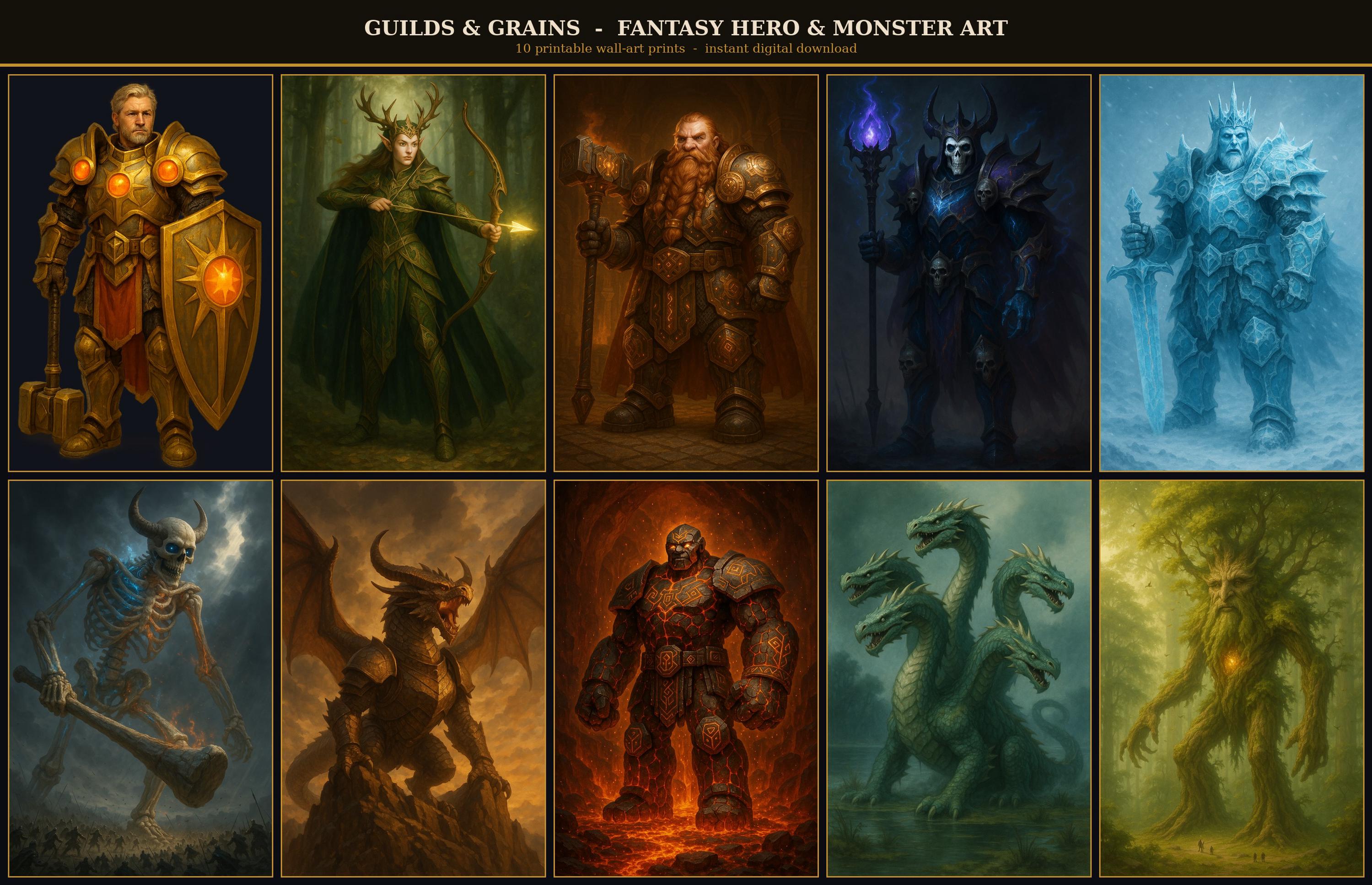 Fantasy Wall Art Set of 10 Printable Prints, Dragon Knight Wizard Skeleton, DnD Digital Download, Dungeons and Dragons Game Room Decor