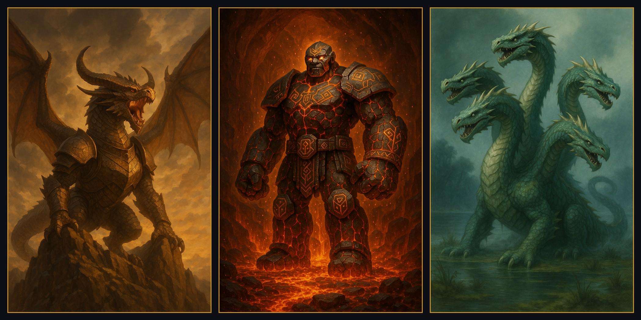 Fantasy Monster Wall Art Printable, DnD Gallery Wall, Dragon Fire Golem Hydra Prints, Dungeon Master Gift, Game Room Decor