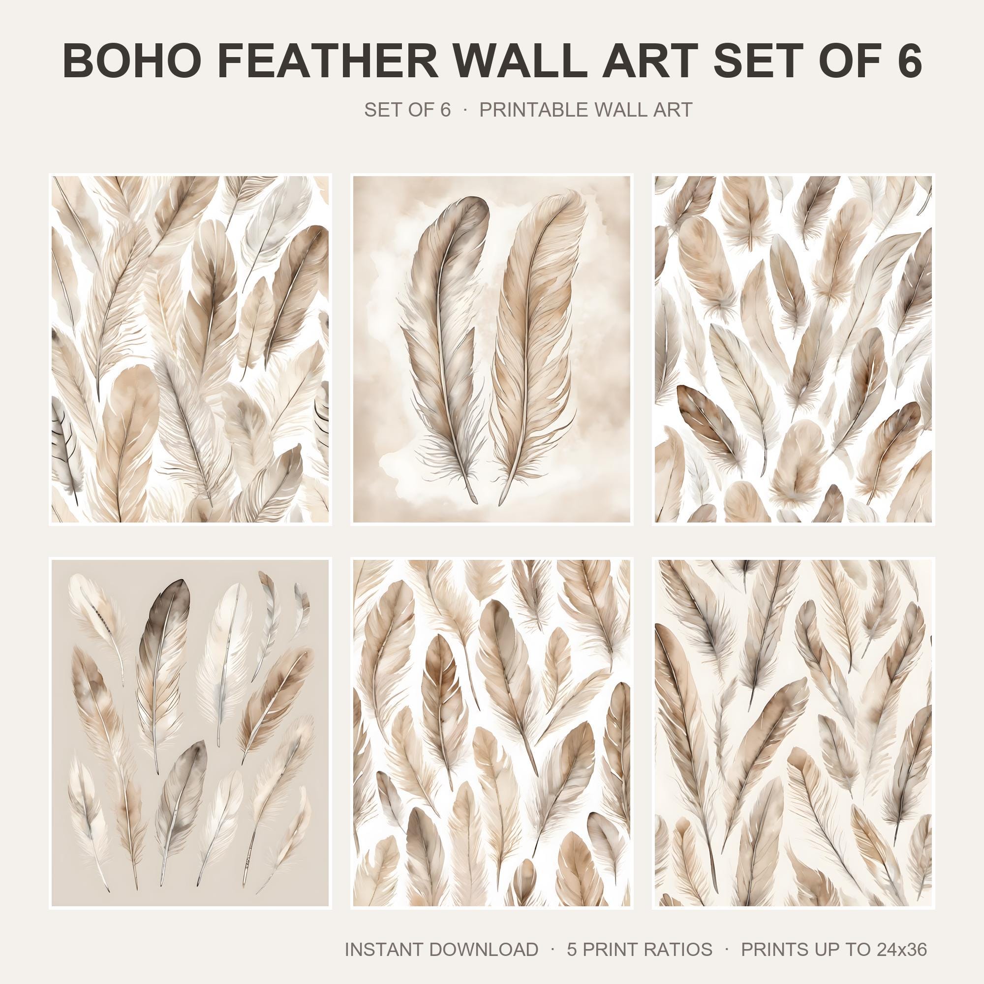 Boho Feather Wall Art Set of 6