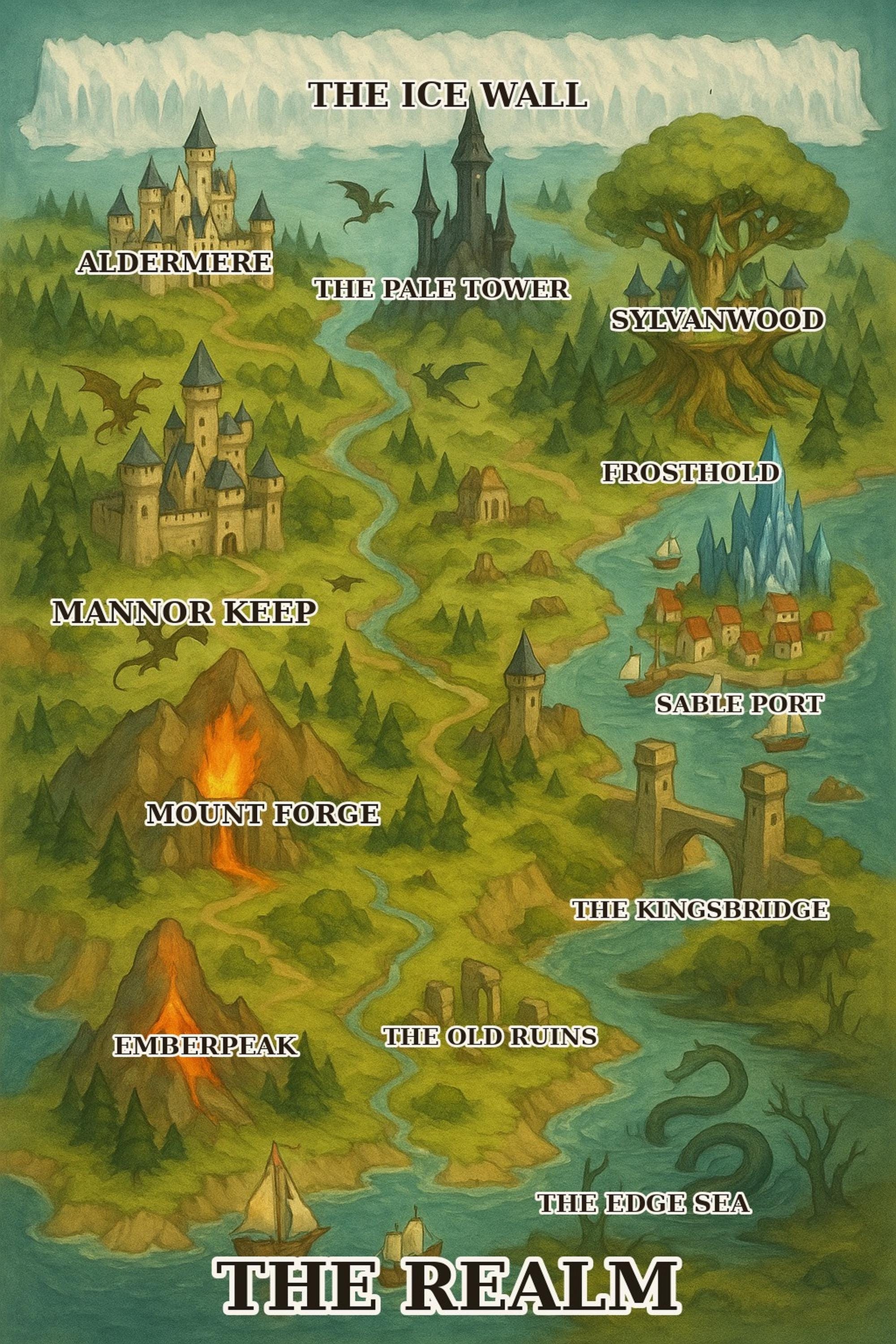 Illustrated Fantasy Map Wall Art Printable, DnD Campaign Map Poster, Fantasy World Map with Castles and Dragons, Dungeon Master Gift