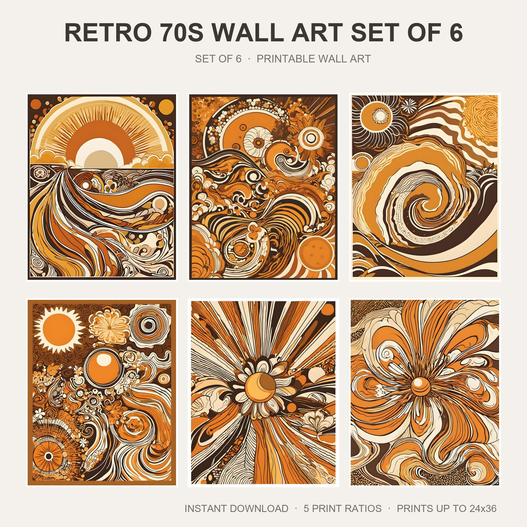 Retro 70s Wall Art Set of 6
