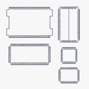 May include: Five dark blue rectangular and square shapes with detailed edges are arranged on a white background. The shapes vary in size and have a technical or schematic appearance, suggesting a design or diagram.
