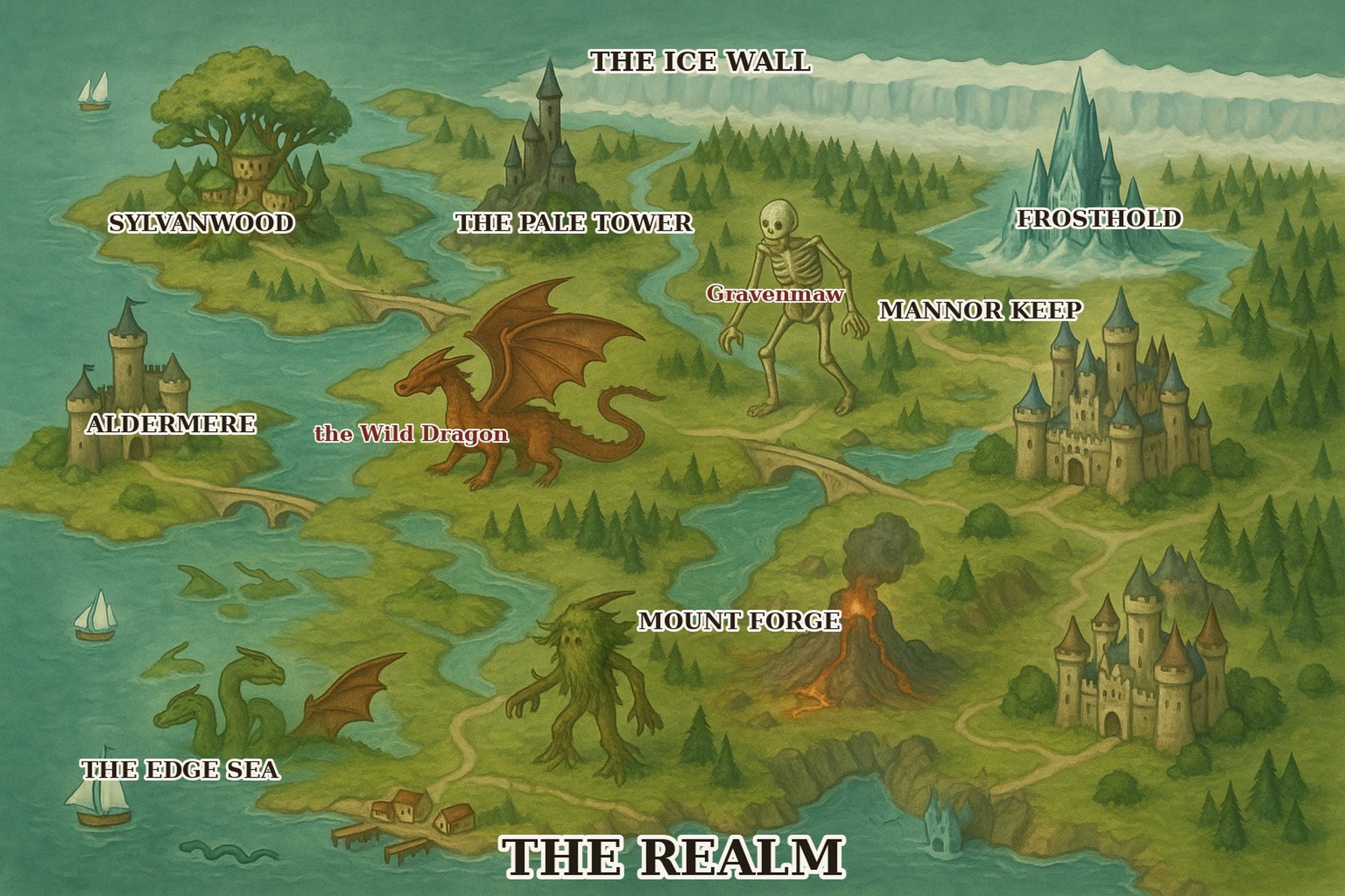 Fantasy Map Wall Art Printable with Monsters, DnD Campaign Map Poster, Dragon and Skeleton World Map, Dungeon Master Gift, Game Room