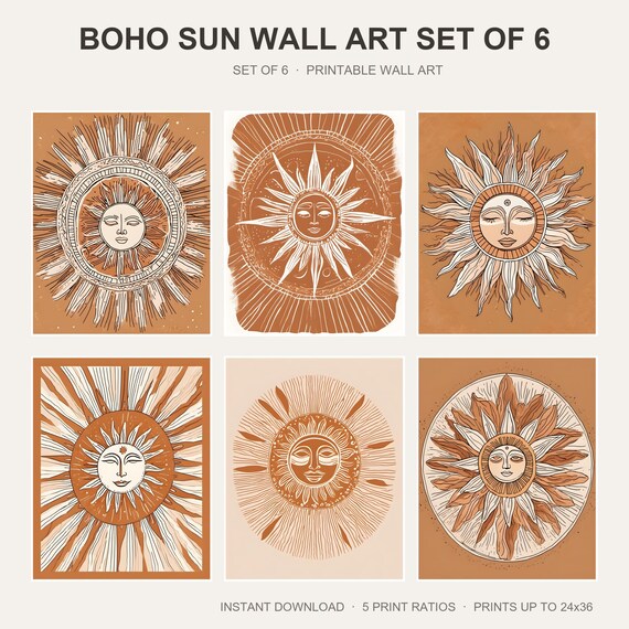 Boho Sun Wall Art Set of 6