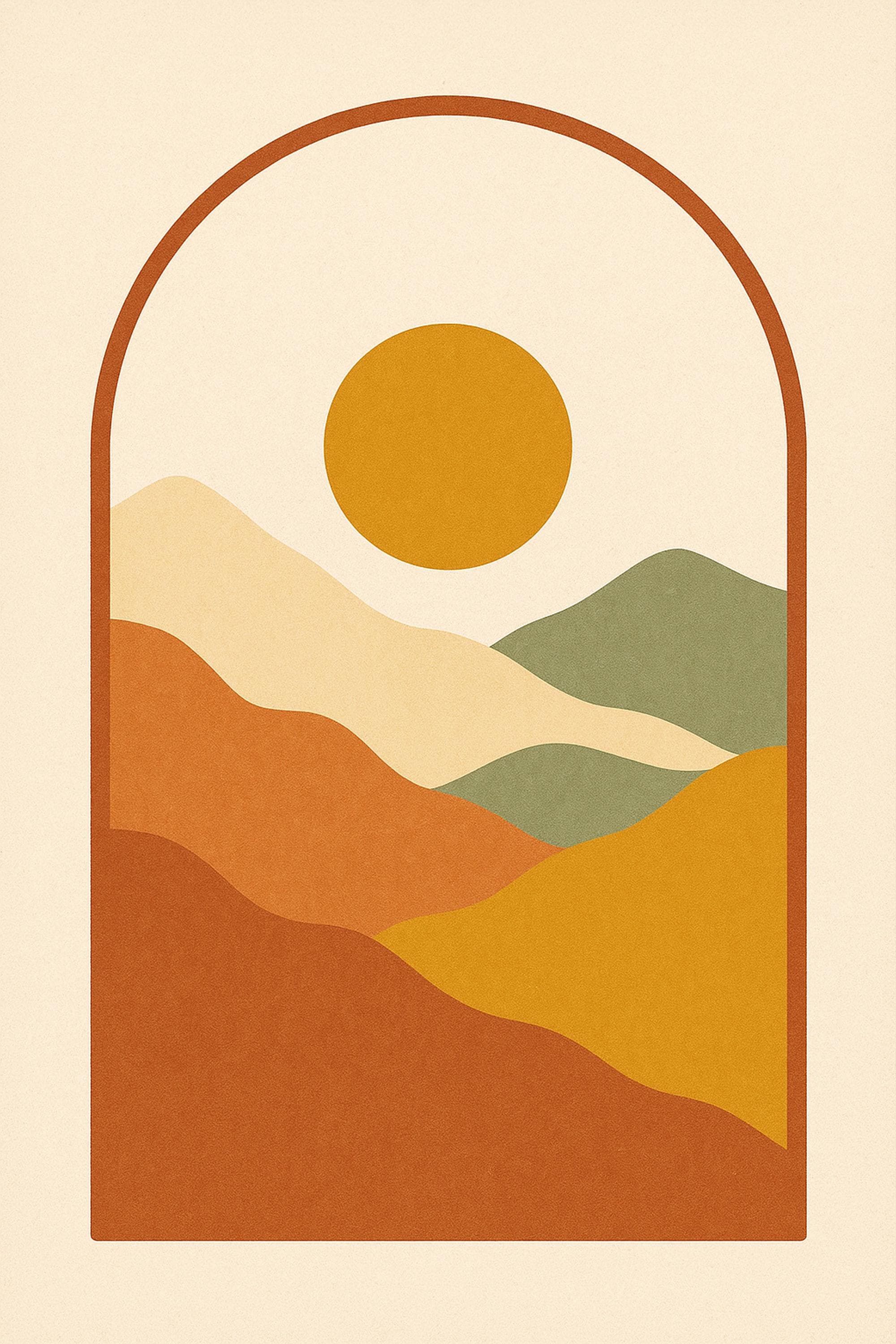 Boho Wall Art Printable, Sun Arch Desert Mountains Print, Retro 70s Decor, Terracotta Mustard Art, Mid Century, Digital Download