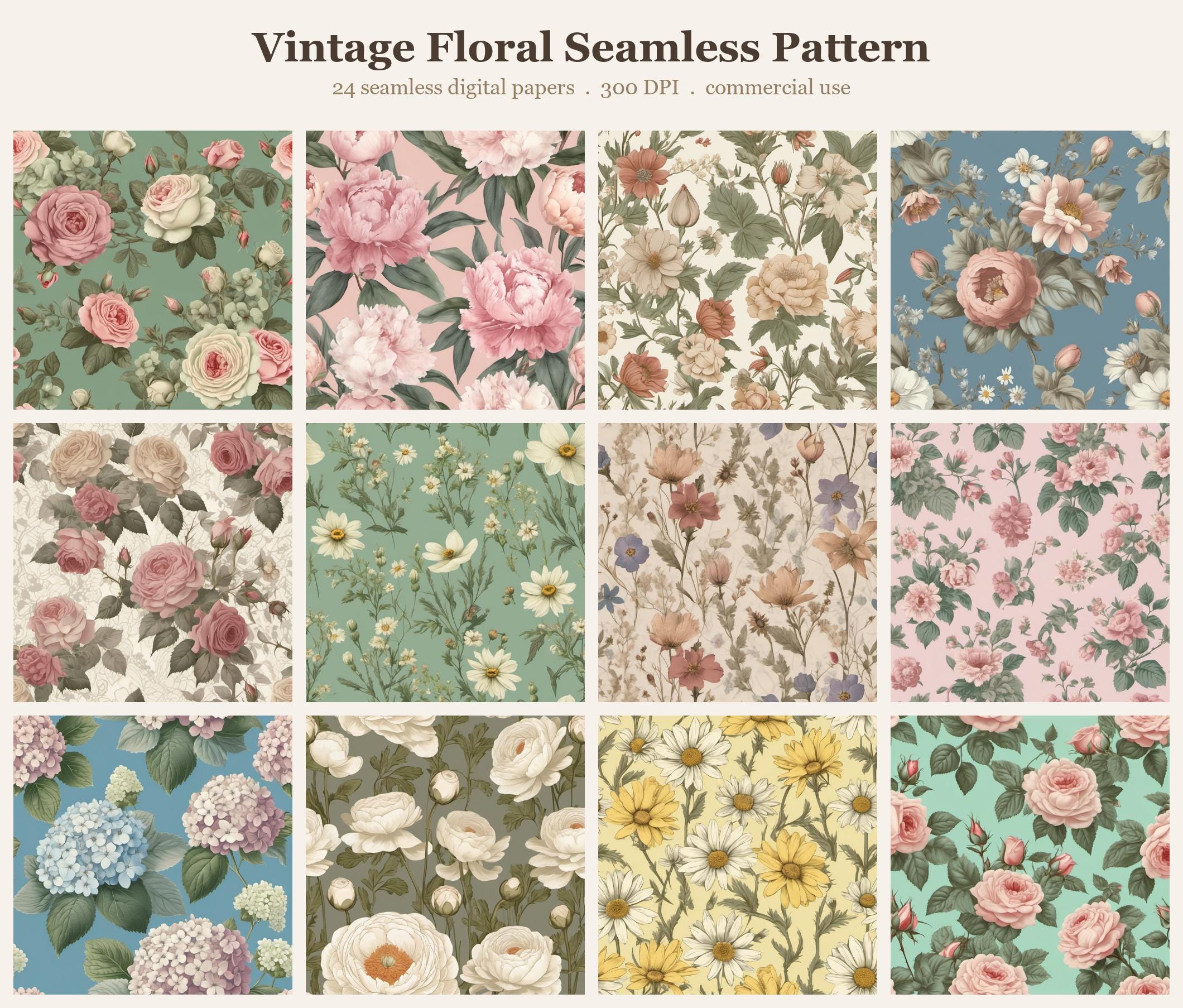 Vintage Floral Seamless Pattern Bundle, Seamless Digital Paper, Sublimation Tumbler Wrap PNG,  Designs Commercial Use