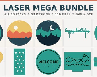 Laser Cut Files Mega Bundle, All 10 SVG DXF Packs, 53 Designs Glowforge Cricut LightBurn, Instant Download